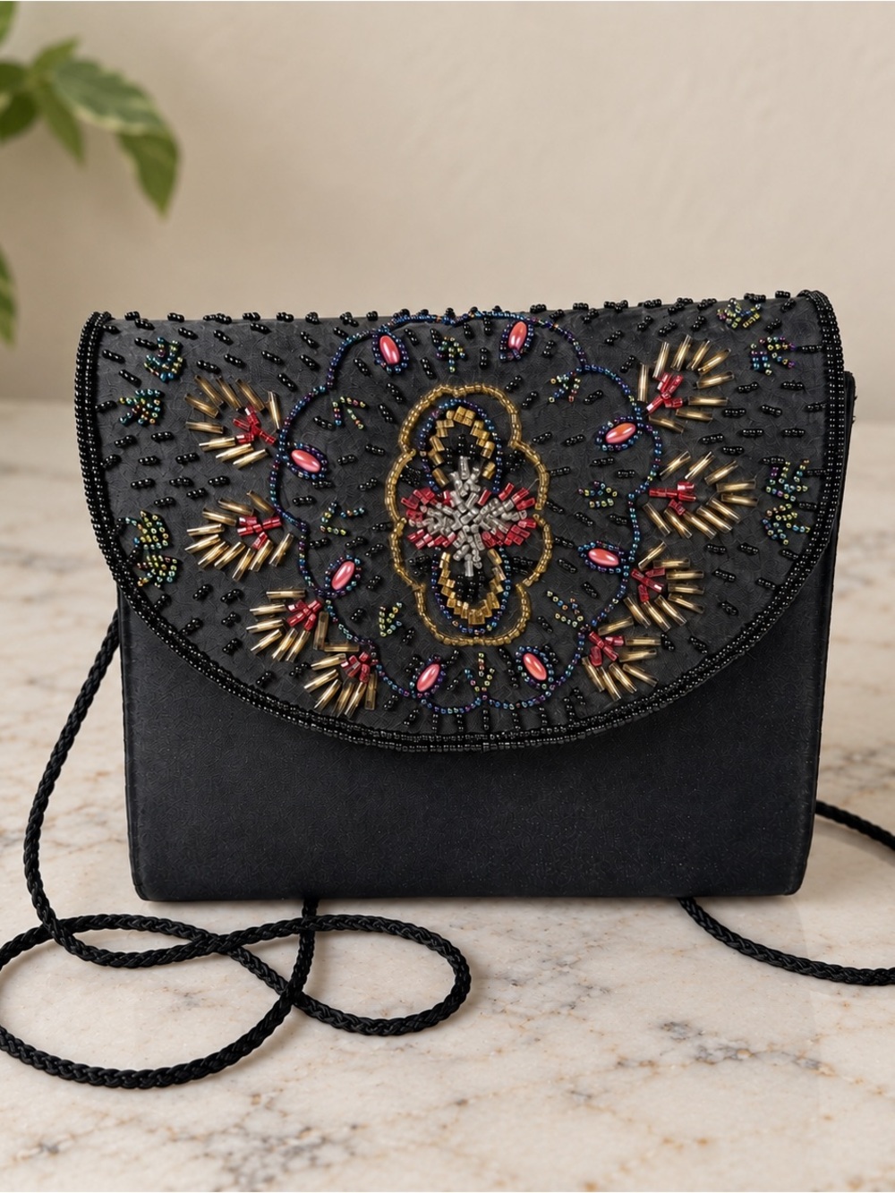 Whimsigoth Bohemian Vintage Beaded Satin Purse Evening Bag Medallion Design